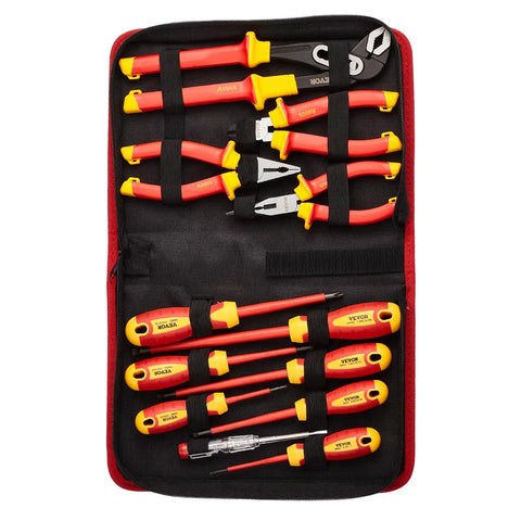 Top Shelf 12 Piece Insulated Screwdriver Set For Pro Electricians Featuring Badass Magnetic Phillips Slotted Tips 1000V Vde Certified Tools organized in a case.