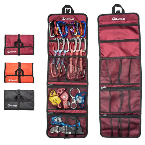 Climbing Quickdraw Hanging Storage Bag With Carabiner Hook Organizer open with gear, foldable 420D waterproof nylon, black