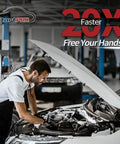 Mechanic working on car engine with open hood in garage, 20X Faster Free Your Hands text overlay