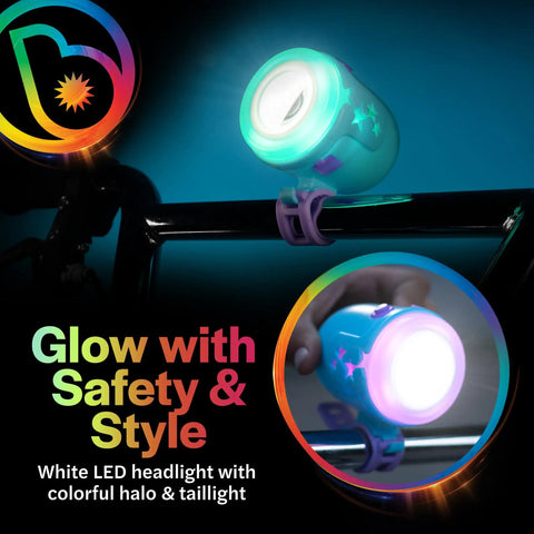 Kids LED Bike Light Set Front Headlight with colorful star pattern glowing on a bicycle handlebar.