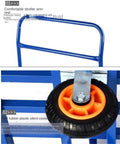 Heavy Duty Flatbed Cart Foldable Platform Truck With Comfortable Armrest And Metal Push Dolly For Home Office And Workshop Transport, Silent Rubber Casters, Scratch Resistant, Easy Roll Utility Hauler, blue steel armrest and caster detail