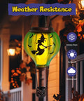 Halloween Outdoor Decoration Hot Air Balloon Solar Lantern With Flickering Flame Hanging Lanterns For A Spooky Witch Vibe Waterproof Garden Patio Decor For Halloween Party, showcasing a flying witch design on a porch at night
