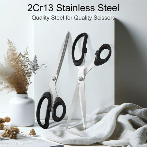 All Purpose 10 Inch Fabric Scissors Heavy Duty Stainless Steel Pro Shears For Cutting Clothes And Leather Perfect For Tailors Home And Office Use With Sharp Precision And Beefy Build. 10-inch stainless steel fabric scissors with black ABS handles
