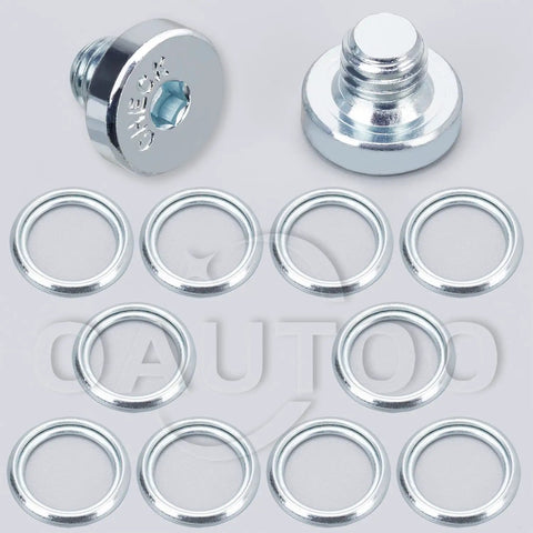 12 Piece Automatic Transmission Pan Drain Plug Kit With Gasket For Toyota And Lexus SUVs And Trucks Like 4Runner Tacoma Tundra Sequoia Land Cruiser GX LX RC SC 2003 On, showing two zinc plugs and ten gaskets.