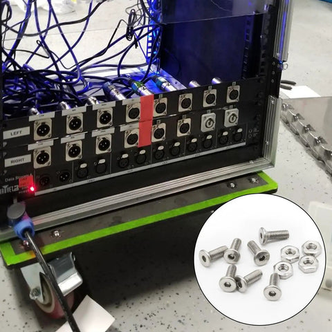 50 Sets D Series Panel Mount Screws And Nuts With Hex Wrench M2.5 X 8 mm stainless steel screws secured in a rack mount for audio connections.