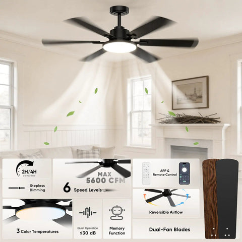 52 Inch Ceiling Fan With Lights Six Double Sided Blades Ultra Quiet Reversible DC Motor Remote And App Control Six Speeds Dimmable LED With Memory Function Three Color Temperature Downrod Mount For Living Room Black in a modern living room setup.
