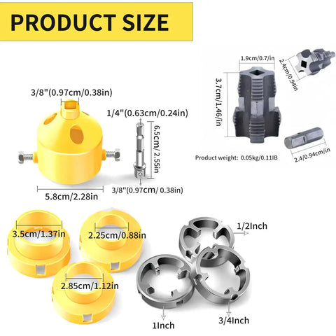 Electric Drill PVC Pipe Threader Kit With Internal And External Threading For One Half Inch Three Quarter Inch And One Inch NPT Pipes Works With Any Drill For Quick Easy Pipe Threading On The Job product size and components.