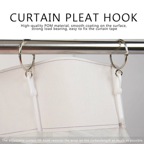 80 Pack Plastic Curtain Hooks With Adjustable Pinch Pleat Ratchet System displayed on rod