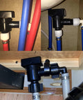 Close-up views of RV Black Tank Flush Vacuum Breaker Valve Replacement For Leaks And Noise Reduction, Backflow Preventer installed.