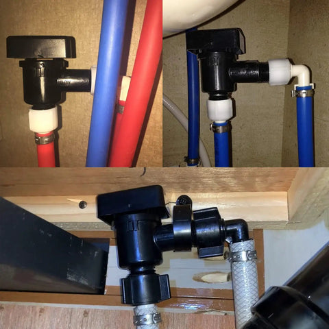 Close-up views of RV Black Tank Flush Vacuum Breaker Valve Replacement For Leaks And Noise Reduction, Backflow Preventer installed.