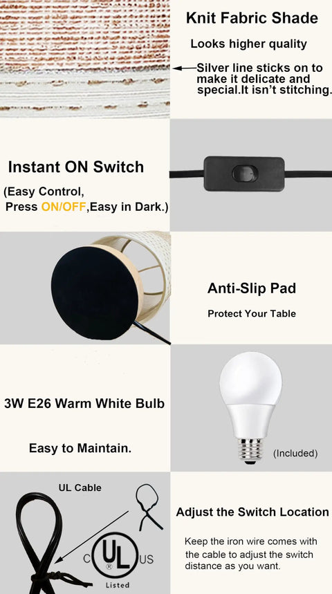 Table Desk Lamp With Brown Knit Fabric Shade Solid Wood Base Boho Nightstand Lamp For Bedroom Living Room End Table Or Office Warm White 3W LED Bulb Included On Off Switch Soft Cozy Light details and features with switch