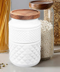 Hella Sleek Frosted Glass Tea Canister With Secure Wooden Lid 1800 Ml Wide Mouth Jar for storing dried fruits and grains.