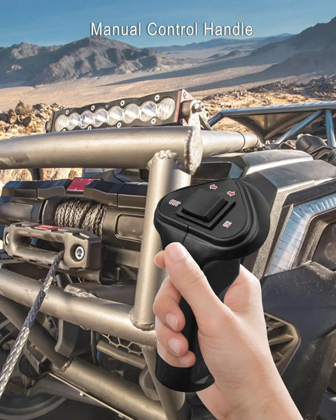Upgraded Pre Wired Winch Control Box 12V 500A Relay Contactor Switch For Atv Utv Electric Winch manual control handle in use outdoors.
