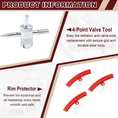 4-point valve tool and rim protectors from 15 Inch Tire Spoon Kit For Motorcycle ATV Bike Mower Tractor With Rim Protectors Valve Tool Cores Caps Stems And Storage Bag Pro Grade Heavy Duty Tire Changing Set.