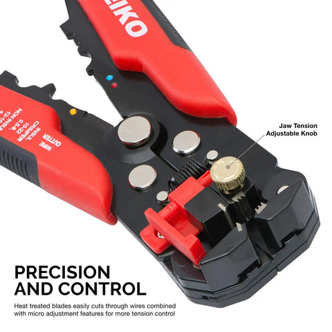 Close-up of 3 In 1 Automatic Wire Stripper Cutter And Crimping Tool with adjustable jaw tension knob detail for copper and aluminum wires up to 10 AWG.