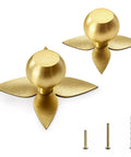 Solid Brass Gold Cabinet Knobs 4 Pack With Star Backplates, Modern Drawer Pulls shown with screws, brushed brass finish, front view.