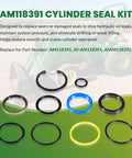 Cylinder Seal Kit For One And A Half Inch Bore Hydraulic Loader Cylinders Fits Loader Models 40 44 60 70 70A Tractor Mounted Front End Loaders Easy Install Replacement Interchange Part Number AM118391, with various O-rings displayed on a colorful background.