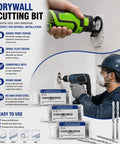 Professional HSS Drywall Cut Out Bit Quarter Inch Spiral Rotary Tool Cutter For Gypsum Sheetrock And Plywood 100 Piece Kit With Precision Guide Tip in use on drywall, showcasing guided point and spiral flute design.