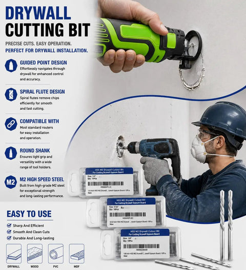 Professional HSS Drywall Cut Out Bit Quarter Inch Spiral Rotary Tool Cutter For Gypsum Sheetrock And Plywood 100 Piece Kit With Precision Guide Tip in use on drywall, showcasing guided point and spiral flute design.