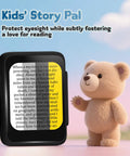 Totally Kid Friendly Bluetooth MP3 Player For Kids With 32GB Storage showing e-book page alongside teddy bear.
