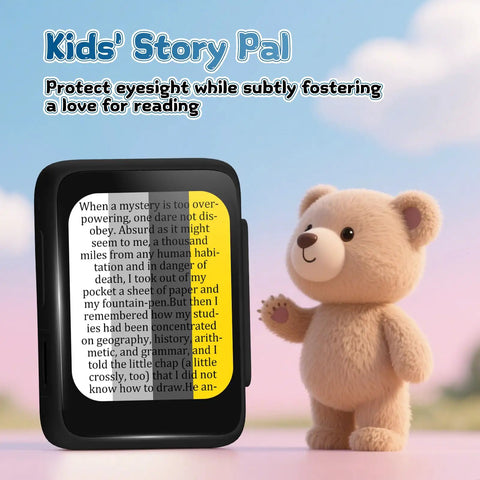 Totally Kid Friendly Bluetooth MP3 Player For Kids With 32GB Storage showing e-book page alongside teddy bear.