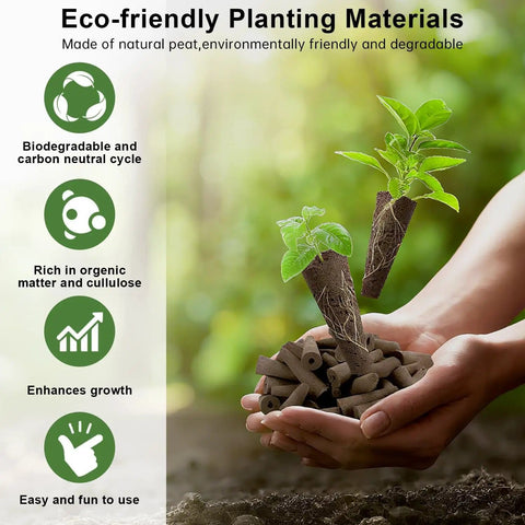 Hands holding eco-friendly planting materials with small plants and planting pellets.