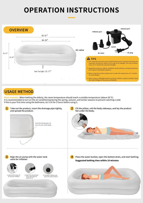 No Sweat Medical Inflatable Bed Bath Kit With Electric Pump And Portable Water Bag Total Hassle Free Side Shower Tub instructions overview and usage guide.