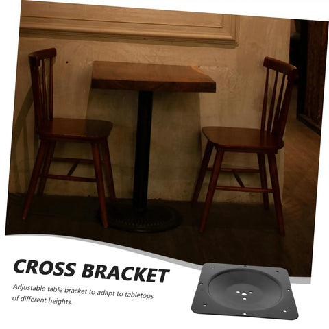 Heavy Duty Five Hole Table Leg Mounting Plate Iron Furniture Bracket For Couch And Chair Repair Built Like A Tank To Hold Up Like A Champ Without Giving An Inch Over Time, shown under a table with chairs.