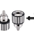 Heavy Duty 4 Piece 1/2 Inch Drill Chuck Kit With Genuine JT33 Taper Shank, featuring durable metal chucks and tightening key.