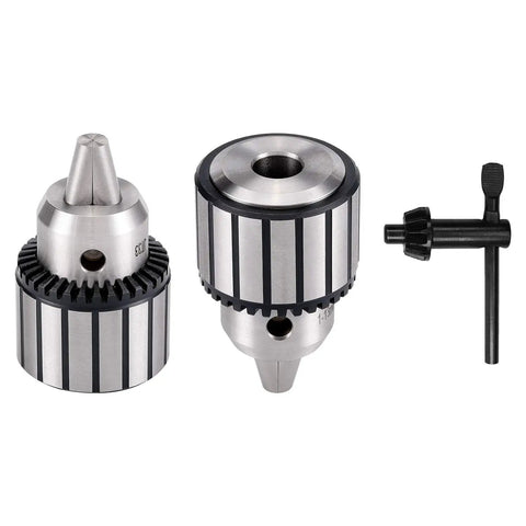 Heavy Duty 4 Piece 1/2 Inch Drill Chuck Kit With Genuine JT33 Taper Shank, featuring durable metal chucks and tightening key.