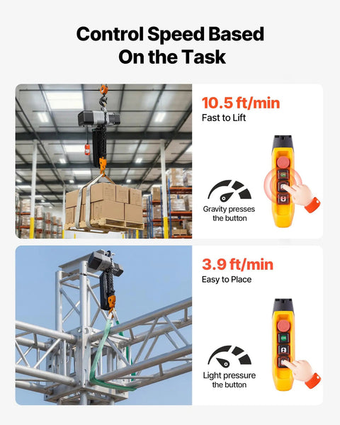 Heavy Duty 11000lb Electric Chain Hoist With Double Chain System And 30ft Lift Height in action controlling lift speed.
