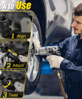 Illustration showing usage of Flip Lug Nut Removal Tool Kit With Dual Head Design on a vehicle wheel.