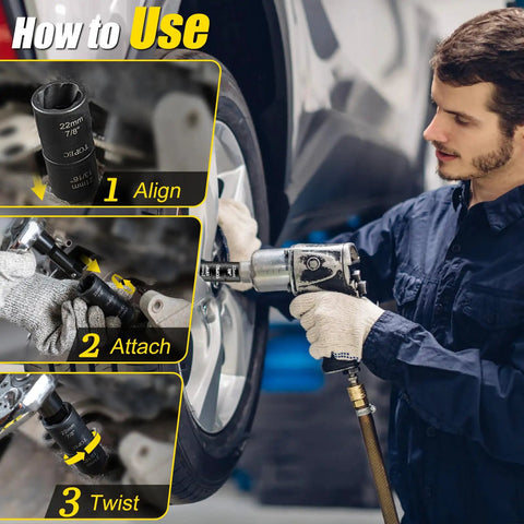 Illustration showing usage of Flip Lug Nut Removal Tool Kit With Dual Head Design on a vehicle wheel.