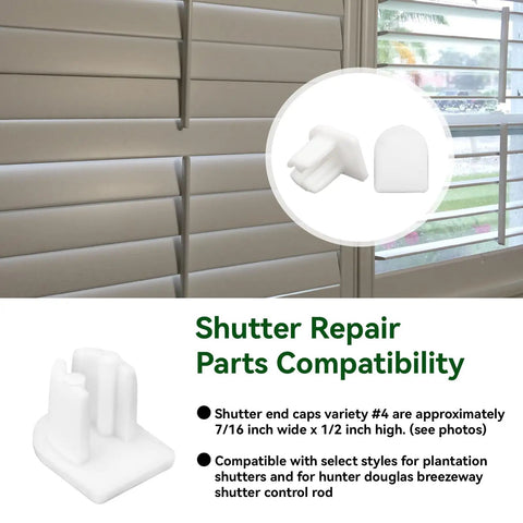 Image of End Cap Replacement Kit For Plantation Shutter Tilt Bars with white vinyl cap details and plantation shutters in background.