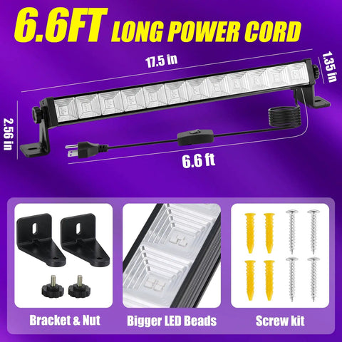 60W Black Light Bar With Remote 72 LED Flood UV Light 3 Light Modes showing dimensions, power cord, bracket, and screw kit