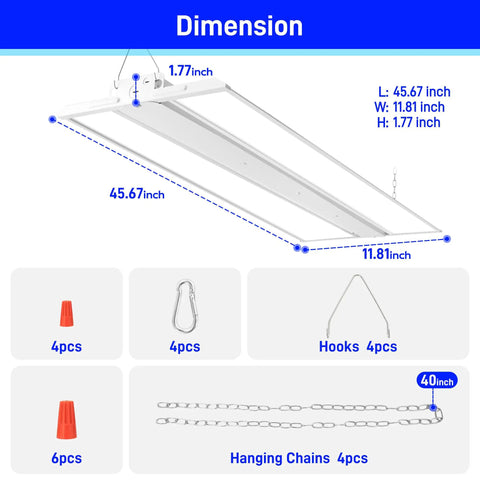 2 Pack 4ft 250W LED Linear High Bay Shop Light With 33750 Lumens, 135 Lumens Per Watt, 5000K Daylight, 120-277V, 0-10V Dimmable, Beast Bright Performance, Energy Saving Warehouse Workshop Hanging Light