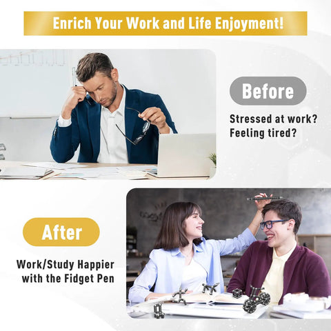 Before and after image showing stressed man at work and happy couple with Stocking Stuffers For Men Gifts Multifunction Pen For Dad Husband Boyfriend And Him Christmas And Birthday Gift Idea That Delivers Everyday Office Use With Handy Features For Work And Home.