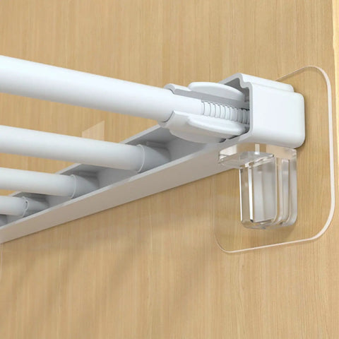 Heavy Duty Self Stick Shelf Brackets No Drill Adhesive Bracket Kit For Kitchen Cabinet Closet Bookshelf installed on wood surface with rod.