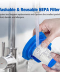 Hand washing 2 Premium Washable Filter Replacement For Stick Vac VSJ01 under running water at sink