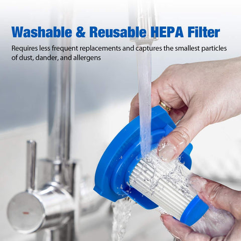 Hand washing 2 Premium Washable Filter Replacement For Stick Vac VSJ01 under running water at sink
