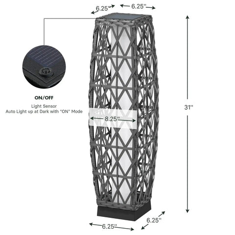 Outdoor Solar Powered Wicker Floor Lamp for Patio and Garden, Weather Resistant Deck Light in Silver Gray, Auto On at Dusk and Off at Sunrise, 8 to 10 Hours Run Time, No Wiring Needed, Easy Setup, Cozy Backyard Ambience