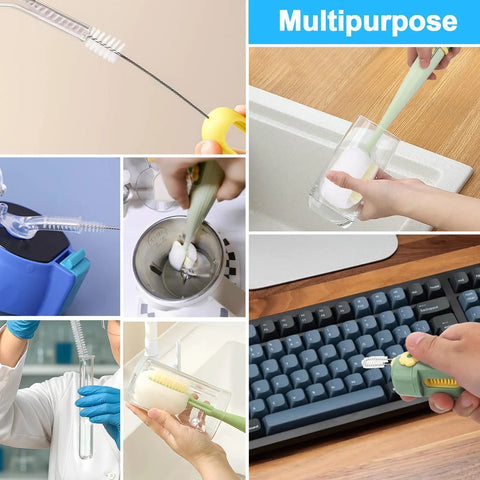 5 In 1 Bottle Cleaning Brush Set With Replaceable Heads And Straw Cleaners used on bottles, glasses, keyboards, and tumblers.