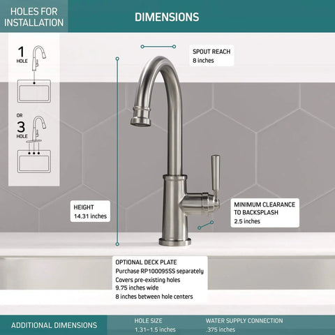 Westchester Single Handle Kitchen Sink Faucet In Stainless Steel With Easy One Hole Or Three Hole Install displayed with dimensions.