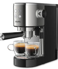 Semi Automatic Espresso Coffee Maker With Built In Steam Wand And High Pressure Pump For Rich Creamy Shots showing two coffee cups below.