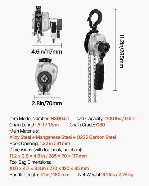 VEVOR 1/2 ton manual lever chain hoist with 5 ft alloy steel G80 chain, dual pawl brake, 360° rotating hook