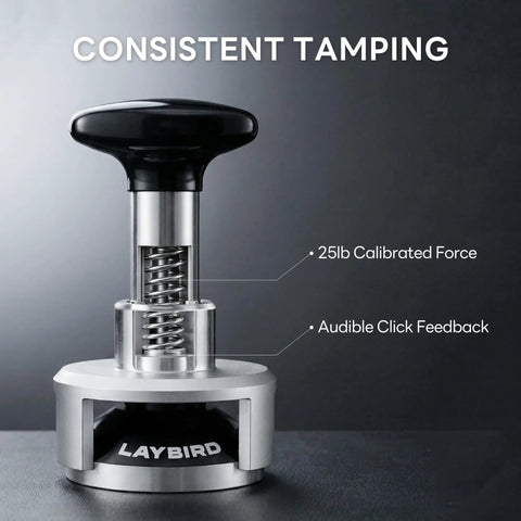 Pro Grade 58.5mm Espresso Tamper With 25Lb Constant Pressure Spring Loaded System, silver, with 90 Degree Leveling Guard.