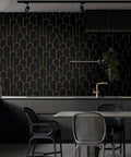 Black And Gold Peel And Stick Wallpaper With Modern Geometric Design in a kitchen, featuring removable vinyl contact paper.