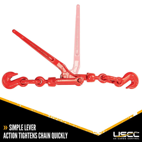 Tough As Nails Lever Load Binder For Half Inch Grade 70 Chain With 13000 Pound Working Load Limit And 52000 Break Strength Rock Solid Forged Steel Hauling Clamps Two Pack Heavy Duty Rigging Gear shown with lever mechanism.