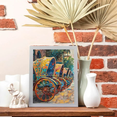 Fresh Bangladesh Rickshaw Canvas Wall Art Bringing Bold Bengali Street Vibes And Crispy Color Pop To Any Space, framed on a shelf.