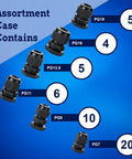 Assortment of PG7 to PG19 cable glands from Tough as Nails PG Cable Glands Kit With KableLock Tech, showing black nylon connectors.